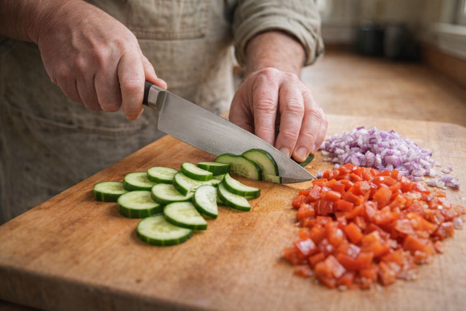 A close-up shot of hands chopping fresh vegetables (cucumber, bell pepper, red onion) on a wooden cutting board with a sharp chef's knife, natural daylight, focus on the knife and vegetables